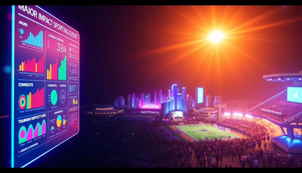 A vibrant data visualization showcasing the economic impact of a major sporting event, captured in a sleek, futuristic style. In the foreground, a holographic display projects colorful charts and graphs, highlighting key metrics like job creation, tourism revenue, and infrastructure investment. The middle ground features a stylized cityscape, bustling with activity as residents and visitors alike engage with the event. In the background, a minimalist lighting design casts a warm, inviting glow, creating a sense of energy and optimism. The overall composition conveys the transformative power of community-driven sporting events, blending data-driven insights with a forward-thinking aesthetic.