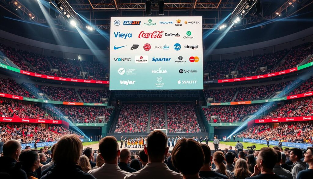 A vibrant sports arena, the stage for a highly anticipated event. In the foreground, a group of spectators eagerly anticipate the action, their faces aglow with excitement. The middle ground showcases a large display screen, its surface adorned with the logos and branding of the event's sponsors, their products and services prominently featured. The background is a sea of energy, with athletes warming up, referees overseeing the preparations, and a sense of anticipation permeating the air. The lighting is crisp and dynamic, casting dramatic shadows and highlights that accentuate the dynamic nature of the scene. The overall atmosphere is one of electric anticipation, where the power of sponsorship and social media converge to create a truly immersive experience for all in attendance. A vibrant sports arena, the stage for a highly anticipated event. In the foreground, a group of spectators eagerly anticipate the action, their faces aglow with excitement. The middle ground showcases a large display screen, its surface adorned with the logos and branding of the event's sponsors, their products and services prominently featured. The background is a sea of energy, with athletes warming up, referees overseeing the preparations, and a sense of anticipation permeating the air. The lighting is crisp and dynamic, casting dramatic shadows and highlights that accentuate the dynamic nature of the scene. The overall atmosphere is one of electric anticipation, where the power of sponsorship and social media converge to create a truly immersive experience for all in attendance.