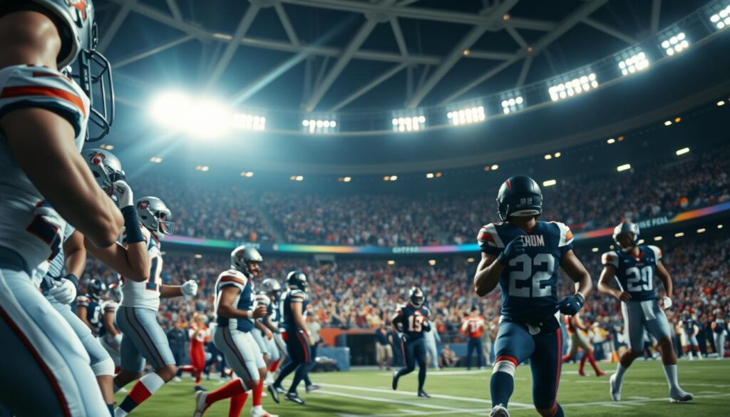 A vibrant sports event, captured through the lens of a telephoto camera. In the foreground, athletes in dynamic poses, their uniforms and equipment meticulously detailed. The middle ground showcases a bustling crowd, their energy and enthusiasm palpable. In the background, the stadium's grand architecture and lighting create a captivating atmosphere, evocative of the thrill and excitement of the event. The image conveys a sense of movement, energy, and the power of promotional strategies to capture the essence of a sports event.