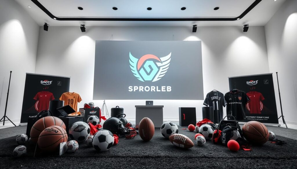 A vibrant sports event marketing display in a modern, minimalist style. In the foreground, a dynamic arrangement of sports equipment and promotional items - a basketball, soccer ball, jerseys, and event banners. The middle ground features a large, stylized event logo projected onto a sleek, backlit display wall. The background is a clean, monochrome environment with subtle lighting accents, creating a striking, professional atmosphere. The overall impression is one of energy, excitement, and impactful branding for a high-profile sports event.