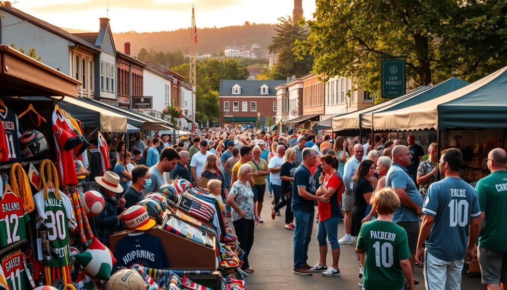 A bustling local sports event, showcasing the hidden gems of the community. In the foreground, a vibrant display of locally-sourced sports equipment, handcrafted jerseys, and unique memorabilia. In the middle ground, spectators immerse themselves in the lively atmosphere, chatting animatedly and sampling local cuisine. The background features a blend of historic buildings, quaint shops, and lush greenery, all bathed in the warm glow of golden-hour lighting. The scene exudes a sense of discovery, inviting visitors to explore the rich tapestry of the area's sports heritage and its close-knit community. A bustling local sports event, showcasing the hidden gems of the community. In the foreground, a vibrant display of locally-sourced sports equipment, handcrafted jerseys, and unique memorabilia. In the middle ground, spectators immerse themselves in the lively atmosphere, chatting animatedly and sampling local cuisine. The background features a blend of historic buildings, quaint shops, and lush greenery, all bathed in the warm glow of golden-hour lighting. The scene exudes a sense of discovery, inviting visitors to explore the rich tapestry of the area's sports heritage and its close-knit community.