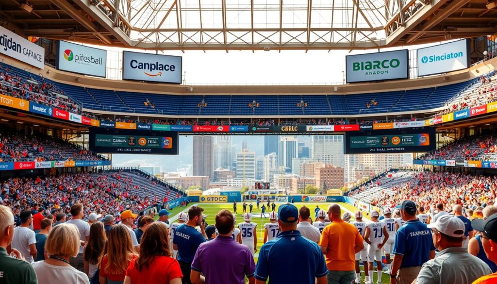 A bustling sports arena with a grand entrance, local business logos prominently displayed on signage and banners. In the foreground, a group of spectators excitedly chatting, dressed in team colors. The middle ground features athletes warming up on the field, their uniforms adorned with sponsor patches. The background showcases the vibrant cityscape, with skyscrapers and iconic landmarks visible. The lighting is a warm, golden hue, creating a welcoming and celebratory atmosphere. The scene conveys a sense of community, collaboration, and local pride as businesses and sports enthusiasts come together for a thrilling event. A bustling sports arena with a grand entrance, local business logos prominently displayed on signage and banners. In the foreground, a group of spectators excitedly chatting, dressed in team colors. The middle ground features athletes warming up on the field, their uniforms adorned with sponsor patches. The background showcases the vibrant cityscape, with skyscrapers and iconic landmarks visible. The lighting is a warm, golden hue, creating a welcoming and celebratory atmosphere. The scene conveys a sense of community, collaboration, and local pride as businesses and sports enthusiasts come together for a thrilling event.