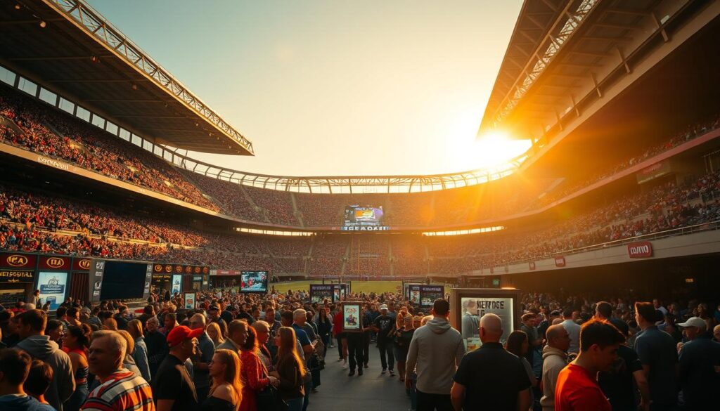 A bustling stadium scene, bathed in golden-hour sunlight. In the foreground, fans excitedly line up for special VIP access, eager to experience the thrill of a major sporting event up-close. The middle ground showcases an expansive concourse, where merchandise stands and interactive exhibits captivate the crowds. In the background, the stadium's grand architecture rises, its towering grandstands and state-of-the-art video screens creating a sense of anticipation and grandeur. The atmosphere is electric, with a palpable energy as spectators prepare for the main event. A cinematic, wide-angle lens captures the dynamic scale and excitement of this premium sporting experience. A bustling stadium scene, bathed in golden-hour sunlight. In the foreground, fans excitedly line up for special VIP access, eager to experience the thrill of a major sporting event up-close. The middle ground showcases an expansive concourse, where merchandise stands and interactive exhibits captivate the crowds. In the background, the stadium's grand architecture rises, its towering grandstands and state-of-the-art video screens creating a sense of anticipation and grandeur. The atmosphere is electric, with a palpable energy as spectators prepare for the main event. A cinematic, wide-angle lens captures the dynamic scale and excitement of this premium sporting experience.