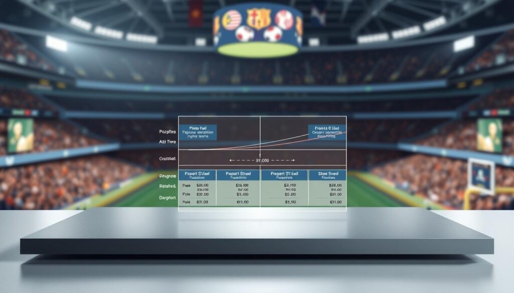 A highly detailed, photorealistic illustration of a "sports event revenue split model" depicting a financial diagram showcasing the breakdown and distribution of revenue streams from a major sporting event. The diagram is presented on a sleek, minimalist table against a blurred background of a bustling sports arena, with strategic lighting highlighting the key financial data. The layout is clean and professional, utilizing a color palette of blues, grays, and blacks to convey a sense of authority and precision. The angle is slightly elevated, providing a clear overview of the intricate revenue breakdown while maintaining a dynamic, engaging composition.