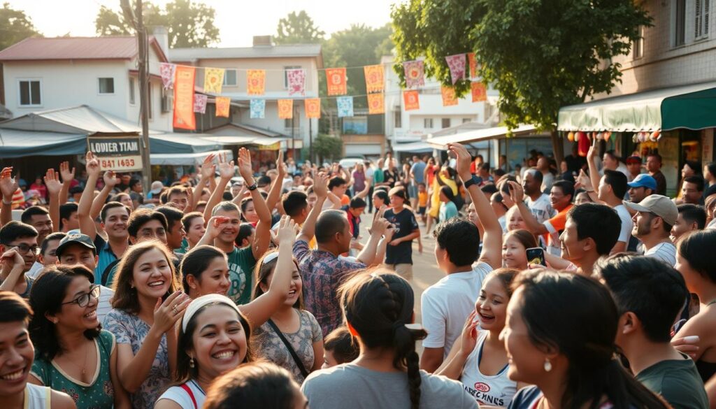A lively community gathering for a local sporting event, capturing the energy and camaraderie of the occasion. In the foreground, a diverse crowd of spectators cheer and celebrate, their expressions brimming with excitement. In the middle ground, athletes engage in a friendly competition, their movements fluid and dynamic under the warm glow of natural lighting. The background showcases the vibrant infrastructure of the event - colorful banners, food stalls, and a bustling atmosphere that invites the viewer to feel immersed in the community spirit. The scene conveys a sense of unity, inclusivity, and the positive impact that these shared experiences can have on a local neighborhood.