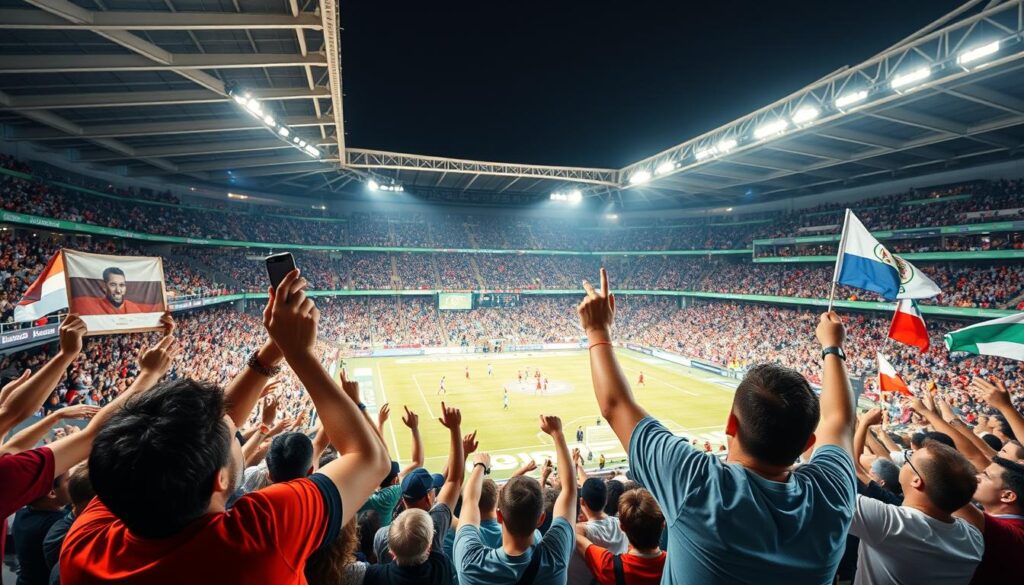 A lively crowd cheers on the athletes as they compete in a vibrant, well-lit stadium. In the foreground, fans wave banners and flags, their expressions filled with excitement. The middle ground features a dynamic sporting event, with players in motion and the audience engaged. In the background, the stadium's modern architecture and bright lighting create an energetic atmosphere, conveying the thrill and energy of the event. Crisp, high-resolution imagery with a cinematic, wide-angle lens captures the essence of marketing and fan engagement at this captivating sporting event.