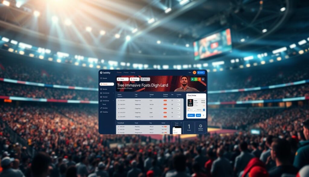 A modern and immersive ticketing platform for sports events, featuring a sleek and intuitive user interface. The foreground showcases a large event venue with a vibrant crowd, captured through a wide-angle lens. The middle ground displays the platform's dashboard, highlighting features like ticket selection, purchase flow, and mobile integration. The background subtly depicts the event's branding and atmosphere, with stylized lighting and a sense of energy. The overall tone is professional, visually engaging, and representative of a seamless ticketing experience for sports fans.