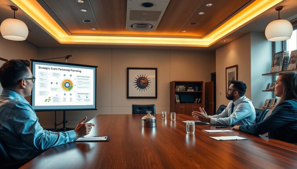 A serene boardroom setting with a large, wooden conference table as the centerpiece. Soft, diffused lighting from overhead fixtures casts a warm glow, creating an atmosphere of professionalism and collaboration. Around the table, business partners engaged in animated discussion, gesturing towards a large projection screen displaying charts and diagrams illustrating strategic event partnership plans. The walls are adorned with framed artwork and shelves of relevant industry publications, conveying a sense of expertise and authority. The overall scene exudes a mood of productive negotiation, as the partners work together to craft a mutually beneficial agreement.