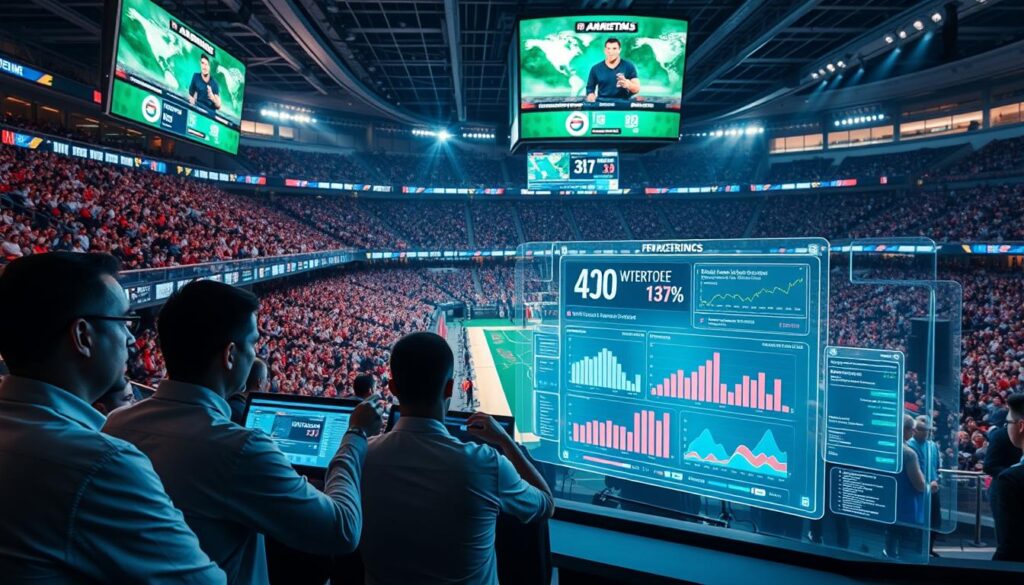 A sports stadium filled with cheering fans, the scoreboard displaying real-time analytics as athletes compete. In the foreground, a team of analysts pore over data dashboards, tracking key performance indicators. The middle ground features a large, holographic display showcasing audience engagement, social media trends, and other marketing insights. The background is a sleek, modern control room, with technicians adjusting lighting and camera angles to capture the event's energy. The overall atmosphere conveys the tension and excitement of a high-stakes sports competition, with data and technology playing a crucial role in measuring and optimizing the marketing effectiveness.