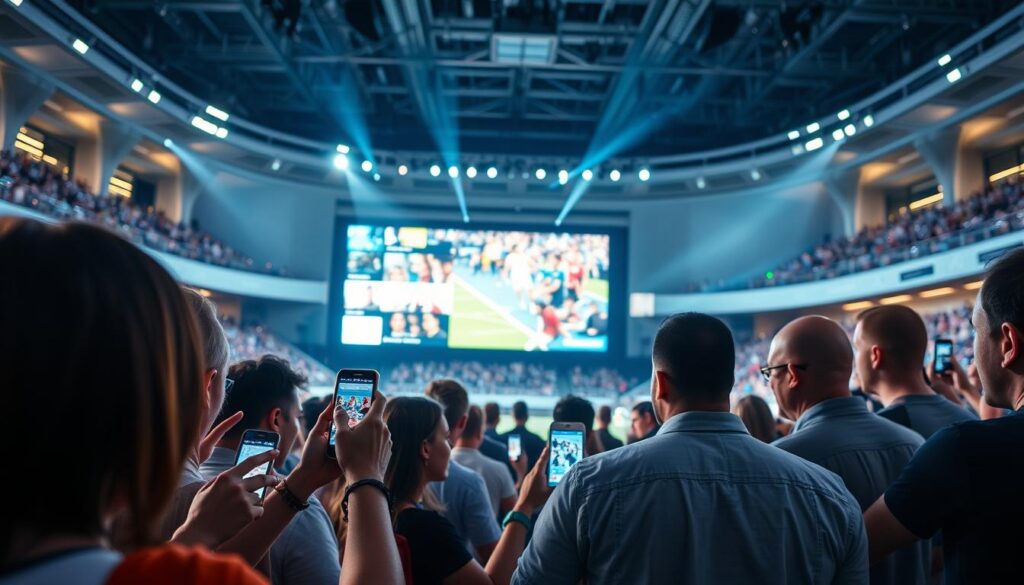 A vibrant digital event experience, captured in a dynamic composition. In the foreground, a diverse group of attendees engage with their smartphones, tapping and swiping as they share the event's energy on social media. The middle ground features a large projection screen, displaying real-time social media feeds and event highlights, creating a sense of connected enthusiasm. The background showcases the event venue, with its modern architecture and lighting design, setting the stage for a visually captivating and tech-savvy gathering. Crisp, high-contrast lighting illuminates the scene, emphasizing the seamless integration of digital and physical elements. The overall atmosphere conveys a sense of excitement, engagement, and the power of leveraging social media to amplify the impact of a sports event.