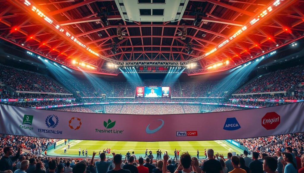 A vibrant sports stadium filled with energy and excitement, the focus centered on the main field where athletes compete. In the foreground, a large, dynamic banner showcases the logos and branding of prominent sponsors, their colors and designs adding visual flair to the scene. The middle ground features spectators in the stands, their expressions animated as they cheer on the action. Overhead, the stadium's lighting creates a warm, dramatic atmosphere, casting a glow across the entire event. In the background, the stadium's architecture and design elements frame the dynamic spectacle, creating a visually captivating and immersive sports sponsorship environment.
