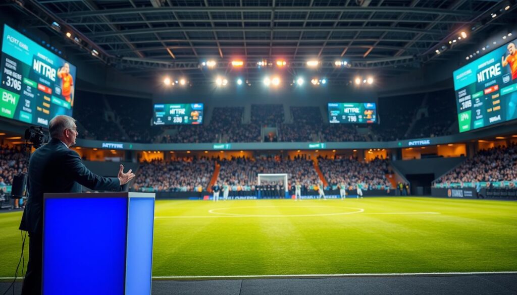 A well-lit sports stadium with a pristine, expansive pitch at the center. In the foreground, a presenter stands at a modern, sleek podium, gesturing animatedly as they deliver a captivating pitch presentation to a crowd of attentive media representatives seated in the middle ground. The background features large, high-definition screens displaying vibrant graphics and statistics, creating an atmosphere of professionalism and innovation. Soft, directional lighting casts warm tones, evoking a sense of energy and excitement befitting a major sporting event. A well-lit sports stadium with a pristine, expansive pitch at the center. In the foreground, a presenter stands at a modern, sleek podium, gesturing animatedly as they deliver a captivating pitch presentation to a crowd of attentive media representatives seated in the middle ground. The background features large, high-definition screens displaying vibrant graphics and statistics, creating an atmosphere of professionalism and innovation. Soft, directional lighting casts warm tones, evoking a sense of energy and excitement befitting a major sporting event.