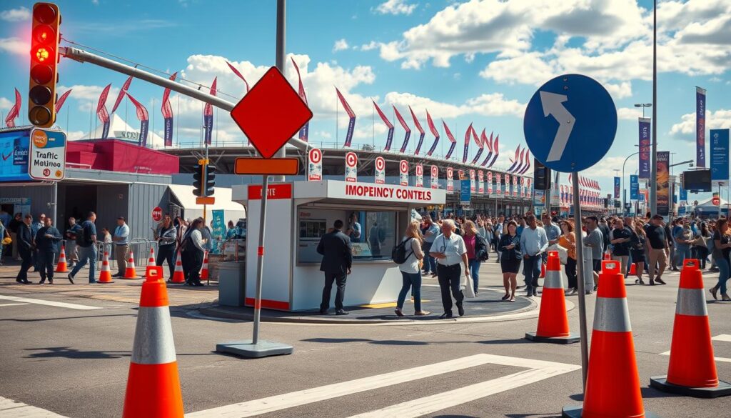 A busy event intersection featuring clear temporary traffic control measures to manage high-volume crowds. In the foreground, distinct traffic cones and directional signs guide vehicles and pedestrians, illuminated by bright emergency lights in red and blue. The middle ground showcases a temporary information booth staffed by individuals in business attire, assisting attendees with maps and directions. The background displays a large venue with banners fluttering in the breeze, under a vibrant blue sky, while a bustling crowd moves about. The composition is shot at a slight angle, enhancing the sense of activity, with soft afternoon sunlight casting gentle shadows, creating an organized yet dynamic atmosphere. A busy event intersection featuring clear temporary traffic control measures to manage high-volume crowds. In the foreground, distinct traffic cones and directional signs guide vehicles and pedestrians, illuminated by bright emergency lights in red and blue. The middle ground showcases a temporary information booth staffed by individuals in business attire, assisting attendees with maps and directions. The background displays a large venue with banners fluttering in the breeze, under a vibrant blue sky, while a bustling crowd moves about. The composition is shot at a slight angle, enhancing the sense of activity, with soft afternoon sunlight casting gentle shadows, creating an organized yet dynamic atmosphere.