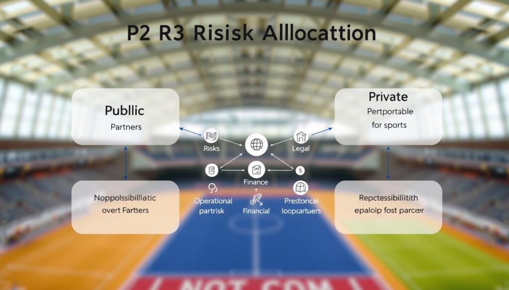 A detailed P3 Risk Allocation Diagram illustrating the responsibilities of public and private partners in sports facility projects. In the foreground, two distinct sections represent the public and private partners, each with clearly defined roles. The middle layer features connecting lines and arrows that indicate the flow of responsibilities and risks, with icons symbolizing financial, operational, and legal aspects. The background includes a subtle representation of a modern sports facility, lightly blurred, to keep the focus on the diagram. Use natural lighting to create a professional atmosphere, and employ a slight overhead angle to enhance clarity. The overall mood should evoke professionalism and collaboration, suitable for an informative setting.