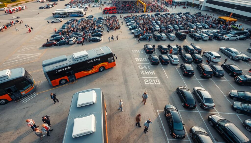 A detailed aerial view of a park-and-ride setup for a large event, showcasing multiple buses and parked cars arranged efficiently in a vast, open space. In the foreground, a couple of park-and-ride buses are loading passengers in a well-marked designated area, with people dressed in professional business attire or modest casual clothing. The middle ground features a large parking lot filled with cars, with clearly labeled sections for overflow parking. In the background, a bustling event venue can be seen, with colorful banners and crowds of attendees. The scene is illuminated by soft daylight, creating a lively yet organized atmosphere. Use a wide-angle lens to capture the expansive layout, emphasizing the strategic planning of parking facilities for high-attendance events. A detailed aerial view of a park-and-ride setup for a large event, showcasing multiple buses and parked cars arranged efficiently in a vast, open space. In the foreground, a couple of park-and-ride buses are loading passengers in a well-marked designated area, with people dressed in professional business attire or modest casual clothing. The middle ground features a large parking lot filled with cars, with clearly labeled sections for overflow parking. In the background, a bustling event venue can be seen, with colorful banners and crowds of attendees. The scene is illuminated by soft daylight, creating a lively yet organized atmosphere. Use a wide-angle lens to capture the expansive layout, emphasizing the strategic planning of parking facilities for high-attendance events.
