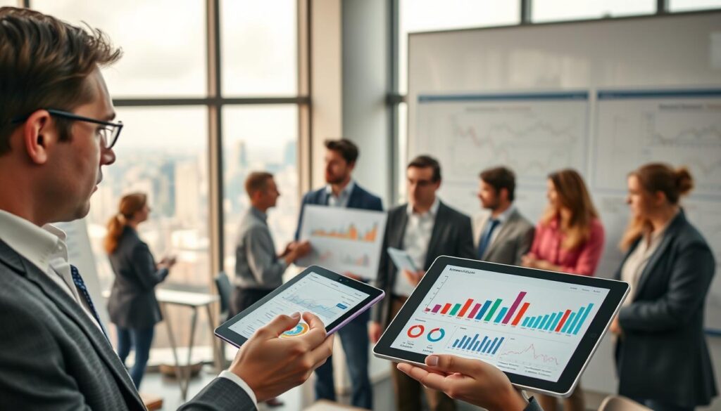 A detailed and insightful scene depicting a professional economic analyst examining graphs and charts related to the economic impact and leakage in tourism. In the foreground, a focused analyst, dressed in smart business attire, studies a large digital tablet displaying colorful data visualizations, with a thoughtful expression. In the middle ground, a diverse group of colleagues engages in a discussion, surrounded by a modern office setting adorned with whiteboards filled with complex economic models. The background features large windows revealing a bustling cityscape, symbolizing the impact of tourism. Soft, natural lighting blends with the indoor atmosphere, creating a professional yet dynamic mood, emphasizing the importance of accurate analysis in economic discussions.
