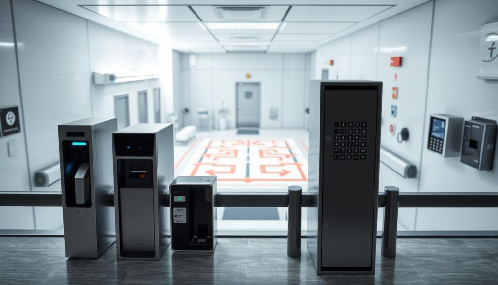 A detailed and structured medical room access control diagram, showcasing a secure access system. In the foreground, various high-tech security devices such as biometric scanners, RFID card readers, and a keypad are clearly visible, all designed for user authentication. The middle ground features a layout of the medical room, indicating clearly marked entrances and exits along with flow directions for personnel. In the background, a modern, sterile medical environment is depicted, with clean lines and subtle colors, emphasizing safety and organization. Soft, clinical lighting provides clarity, while a slight overhead angle captures the entire layout, enhancing comprehension. The atmosphere conveys a sense of security and professionalism, ideal for a medical operations hub. A detailed and structured medical room access control diagram, showcasing a secure access system. In the foreground, various high-tech security devices such as biometric scanners, RFID card readers, and a keypad are clearly visible, all designed for user authentication. The middle ground features a layout of the medical room, indicating clearly marked entrances and exits along with flow directions for personnel. In the background, a modern, sterile medical environment is depicted, with clean lines and subtle colors, emphasizing safety and organization. Soft, clinical lighting provides clarity, while a slight overhead angle captures the entire layout, enhancing comprehension. The atmosphere conveys a sense of security and professionalism, ideal for a medical operations hub.