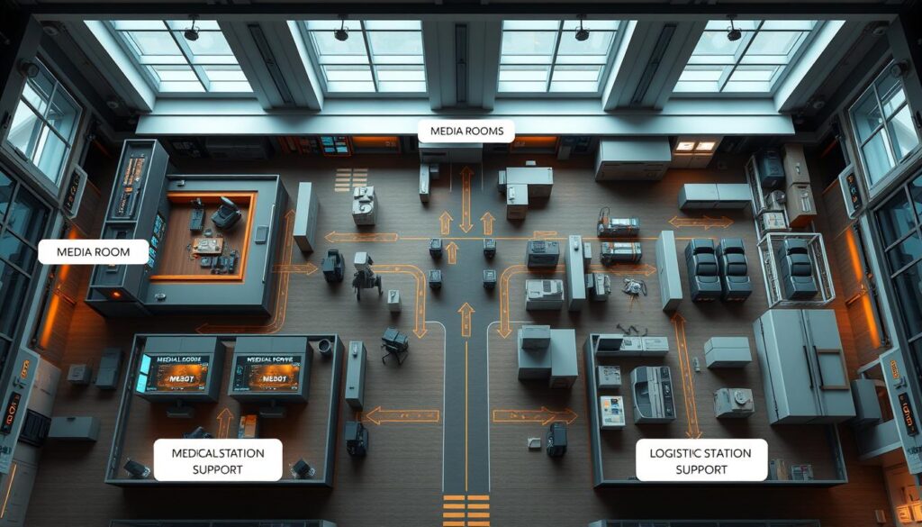 A detailed operations center zone layout diagram showcasing a modern hub design integrating media, medical, and logistics areas. In the foreground, distinct zones labeled for media control rooms, medical stations, and logistics support, arranged for optimal flow and efficiency. The middle ground features interconnected spaces with arrows indicating movement paths and access points. The background includes structural elements like walls and windows, allowing natural light to flood the space. Use a top-down perspective to emphasize spatial relationships, with realistic lighting that highlights areas of focus. The atmosphere should be professional and well-organized, conveying a sense of collaboration and urgency, suitable for a high-tech operational environment. No text or markings in the image. A detailed operations center zone layout diagram showcasing a modern hub design integrating media, medical, and logistics areas. In the foreground, distinct zones labeled for media control rooms, medical stations, and logistics support, arranged for optimal flow and efficiency. The middle ground features interconnected spaces with arrows indicating movement paths and access points. The background includes structural elements like walls and windows, allowing natural light to flood the space. Use a top-down perspective to emphasize spatial relationships, with realistic lighting that highlights areas of focus. The atmosphere should be professional and well-organized, conveying a sense of collaboration and urgency, suitable for a high-tech operational environment. No text or markings in the image.