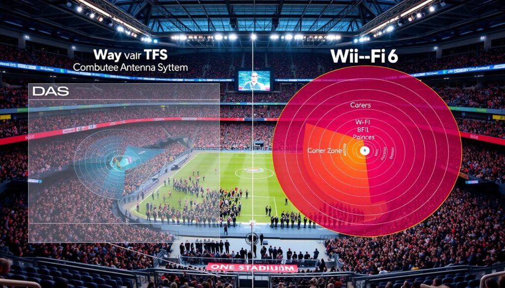 A detailed venue tech network design comparison diagram illustrating Distributed Antenna System (DAS) and Wi-Fi 6 coverage patterns in a modern stadium setting. In the foreground, clear overlays of DAS antenna placements with signal strength indicators. The middle ground features an array of Wi-Fi 6 access points strategically located, accompanied by vibrant coverage zone maps showcasing effective signal ranges. The background displays a stadium filled with cheering fans, emphasizing the scale and environment. Utilize bright, dynamic lighting to enhance the sense of activity and technology in the image. The composition should have a clean, professional look, using a slight top-down angle to provide an informative overview. The atmosphere conveys innovation and efficiency in modern network design alternatives for 21st-century venues. A detailed venue tech network design comparison diagram illustrating Distributed Antenna System (DAS) and Wi-Fi 6 coverage patterns in a modern stadium setting. In the foreground, clear overlays of DAS antenna placements with signal strength indicators. The middle ground features an array of Wi-Fi 6 access points strategically located, accompanied by vibrant coverage zone maps showcasing effective signal ranges. The background displays a stadium filled with cheering fans, emphasizing the scale and environment. Utilize bright, dynamic lighting to enhance the sense of activity and technology in the image. The composition should have a clean, professional look, using a slight top-down angle to provide an informative overview. The atmosphere conveys innovation and efficiency in modern network design alternatives for 21st-century venues.