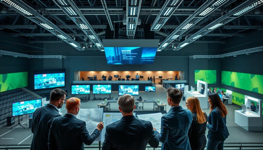 A dynamic event planning scene focused on ancillary spaces for a large venue, showcasing areas designated for media, broadcast, and doping control. In the foreground, a group of diverse professionals in business attire collaborates over detailed floor plans and digital screens, highlighting their roles in bid planning. The middle ground features a high-tech media area with multiple screens displaying live feeds and equipment setups, while a doping control space is visible in the background, complete with secure testing stations and monitoring personnel. The setting is well-lit with suspended LED lights, creating an efficient yet energetic atmosphere. Capture the essence of meticulous organization and preparation, emphasizing professionalism and regulatory compliance in a modern venue. Use a slight overhead angle to convey depth and structure in the layout.