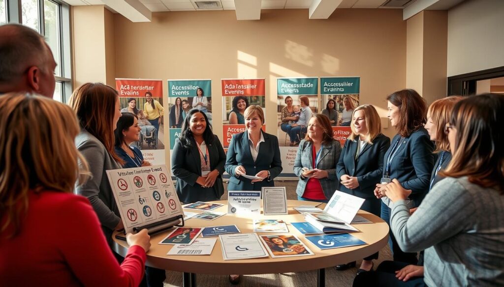 A lively volunteer training session focused on ADA compliance, set in a well-lit community center. In the foreground, a diverse group of volunteers, dressed in professional business attire, engages in a discussion around a table filled with accessible event signage samples. In the middle, a volunteer is demonstrating the correct placement of signage with visual aids showing symbols for accessibility, while others take notes attentively. The background features banners promoting inclusivity, depicting images of people with disabilities happily participating in events. Soft natural light pours in from large windows, casting warm highlights, creating a collaborative and educational atmosphere, emphasizing the importance of accessibility in public spaces. A lively volunteer training session focused on ADA compliance, set in a well-lit community center. In the foreground, a diverse group of volunteers, dressed in professional business attire, engages in a discussion around a table filled with accessible event signage samples. In the middle, a volunteer is demonstrating the correct placement of signage with visual aids showing symbols for accessibility, while others take notes attentively. The background features banners promoting inclusivity, depicting images of people with disabilities happily participating in events. Soft natural light pours in from large windows, casting warm highlights, creating a collaborative and educational atmosphere, emphasizing the importance of accessibility in public spaces.