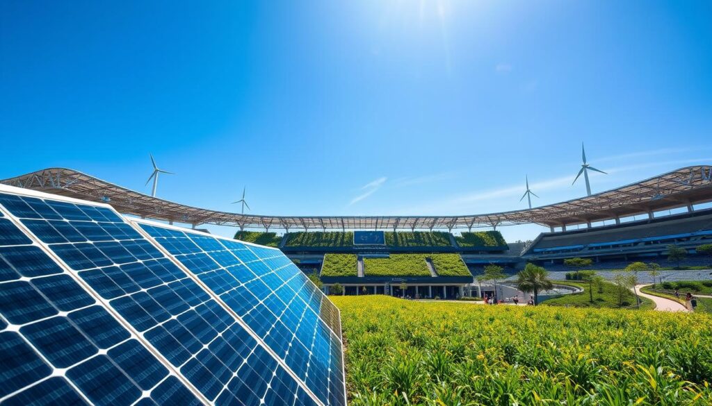 A modern LEED certified stadium set against a clear blue sky, showcasing innovative sustainable energy features. In the foreground, sleek solar panels glisten in the sunlight, contributing to the stadium's energy supply. The middle ground reveals the stadium's eco-friendly architecture, with greenery integrated into its design, including vertical gardens and wind turbines adorning the roof. In the background, well-maintained water conservation systems are visible, such as rainwater harvesting systems and permeable pathways. The scene is illuminated by soft, natural lighting accentuating the vibrant colors of the landscape. The atmosphere is one of progress and harmony with nature, inspiring a sense of community and sustainable living. The stadium's clean lines and open spaces reflect a commitment to modern sustainability practices.