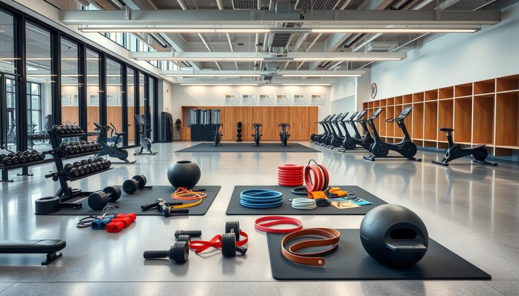 A modern athletic support facilities training room with sleek, high-tech equipment and open layouts. In the foreground, show an array of functional training tools such as weights, resistance bands, and exercise mats, arranged neatly on a polished floor. The middle ground features spacious, well-lit areas with specialized equipment like treadmills and stationary bikes, surrounded by glass walls that allow natural light to flood in, creating an energizing atmosphere. In the background, include locker spaces with sleek wooden lockers and benches, reflecting a professional look. Use a wide-angle lens to capture the entire room, focusing on bright LED lighting to enhance the sense of cleanliness and modernity. The overall mood should evoke motivation and professionalism, ideal for training elite athletes in a multi-sport complex.