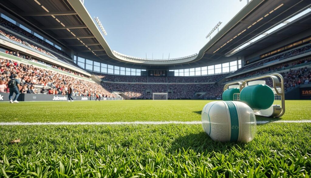 A modern sports stadium featuring a sustainable turf and innovative water reuse system. In the foreground, lush green synthetic turf is meticulously maintained, illustrating eco-friendly materials. The middle ground showcases a cutting-edge irrigation system with visible rainwater collection barrels and solar panels integrated into the stadium's design. The background reveals a vibrant crowd enjoying an event, with bright, natural lighting casting soft shadows, enhancing the lively atmosphere. The perspective captures the stadium's sleek architecture, emphasizing its blend of functionality and sustainability. The mood is optimistic and energetic, reflecting the commitment to eco-conscious sports facilities. Use a wide-angle lens to capture the expansive view and details while maintaining clarity and focus.