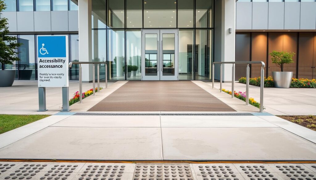 A modern venue entrance designed for accessibility, featuring a wide, gently sloping ramp leading up to a large glass door. Clear, easy-to-read signage in bold letters indicates the entrance and accessibility features. The foreground shows smooth concrete with tactile paving for visually impaired individuals. In the middle ground, the ramp is flanked by vibrant landscaping with colorful flowers. The background features a sleek, contemporary building with large windows, allowing natural light to fill the space. Soft, diffused lighting enhances the inviting atmosphere. The scene is captured from a low angle to emphasize the ramp’s accessibility. No people are present, ensuring a focus on the architectural elements, while maintaining a professional and polished look suitable for a governing body standard.