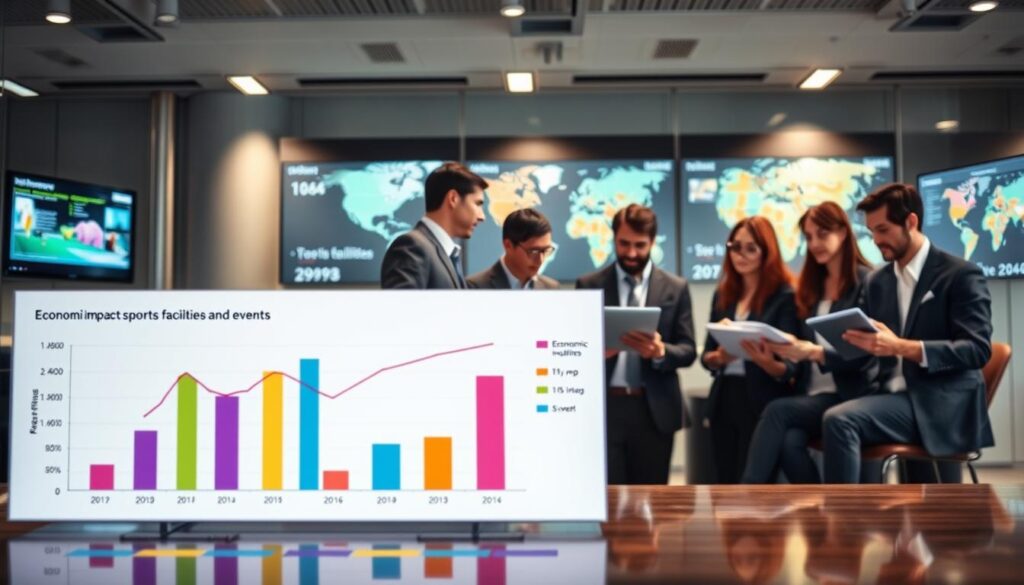 A professional data analysis visualization showcasing IMPLAN data related to sports facilities and events. In the foreground, display an engaging, colorful chart representing economic impact metrics, including bar graphs and pie charts. In the middle ground, illustrate a diverse group of professionals in business attire, intently discussing the data, using laptops and tablets, surrounded by digital screens displaying relevant graphs and maps. The background should feature a stylized office environment, emphasizing a collaborative atmosphere, with soft, focused lighting to create an analytical and serious mood. Capture the scene from a slightly elevated angle to highlight the data visualizations and interactions among the team.