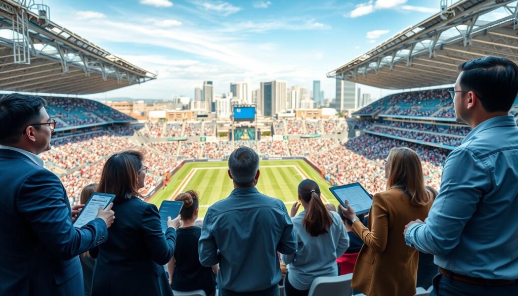 A vibrant, high-angled view of a modern sports stadium filled with people enjoying a lively event, symbolizing public-private partnerships in sports funding. In the foreground, a diverse group of professionals in business attire engage in animated discussions, holding documents and tablet devices that illustrate financial models and community benefits. In the middle ground, families and fans cheer in the stands, showcasing a sense of community spirit and engagement. The background features a clear blue sky with city skyscrapers, emphasizing urban development and collaboration. The lighting is bright and inviting, creating a positive atmosphere of excitement and opportunity. The lens captures a wide panorama, highlighting both the stadium and the surrounding urban landscape, conveying a sense of dynamic growth and partnership.