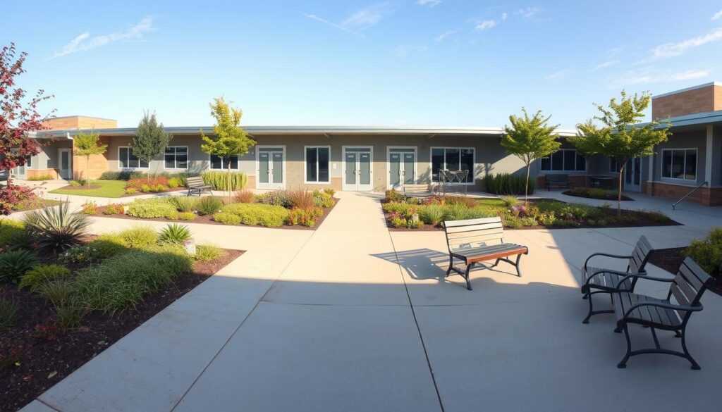A well-designed, accessible outdoor space featuring inclusive pathways, seating areas, and restrooms. In the foreground, smooth, wide pathways lead through a beautifully landscaped area with diverse plants and flowers. Seating areas are arranged in clusters, with accessible benches that accommodate various needs. In the middle ground, modern restrooms are designed to be fully inclusive, with clear signage and ramps. The background shows a sunny day with a clear blue sky, and soft natural lighting enhances the vibrant colors of the scene. A wide-angle lens captures the inviting atmosphere, illustrating a space that prioritizes accessibility and comfort for all individuals, including those with disabilities. The overall mood is welcoming and positive, emphasizing community and inclusivity. A well-designed, accessible outdoor space featuring inclusive pathways, seating areas, and restrooms. In the foreground, smooth, wide pathways lead through a beautifully landscaped area with diverse plants and flowers. Seating areas are arranged in clusters, with accessible benches that accommodate various needs. In the middle ground, modern restrooms are designed to be fully inclusive, with clear signage and ramps. The background shows a sunny day with a clear blue sky, and soft natural lighting enhances the vibrant colors of the scene. A wide-angle lens captures the inviting atmosphere, illustrating a space that prioritizes accessibility and comfort for all individuals, including those with disabilities. The overall mood is welcoming and positive, emphasizing community and inclusivity.