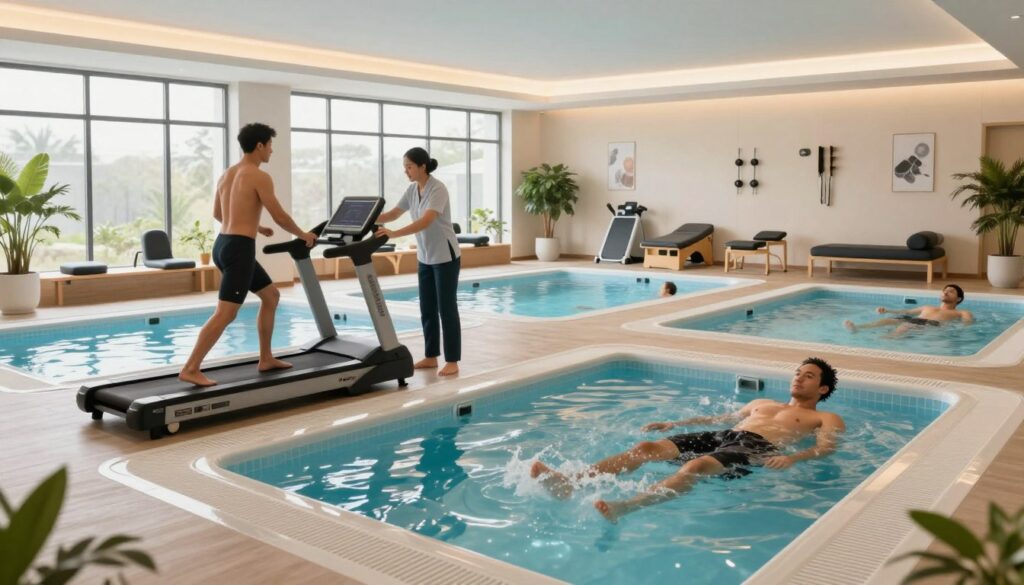 A bright, modern hydrotherapy recovery space designed for athletes, featuring an array of therapeutic pools with varying temperatures and jets. The foreground shows two athletes in modest athletic wear engaging in recovery exercises, one using an underwater treadmill and the other relaxing in a warm hydrotherapy pool. In the middle, a professional therapist provides guidance while monitoring their progress. The background includes large windows allowing natural light to flood the room, plants for a refreshing contrast, and wellness equipment neatly arranged on the walls. The atmosphere is calm and rejuvenating, with a focus on wellness and recovery. The composition is wide-angle, capturing the spacious design and inviting environment, with soft, warm lighting highlighting the athletes’ focus and relaxation. A bright, modern hydrotherapy recovery space designed for athletes, featuring an array of therapeutic pools with varying temperatures and jets. The foreground shows two athletes in modest athletic wear engaging in recovery exercises, one using an underwater treadmill and the other relaxing in a warm hydrotherapy pool. In the middle, a professional therapist provides guidance while monitoring their progress. The background includes large windows allowing natural light to flood the room, plants for a refreshing contrast, and wellness equipment neatly arranged on the walls. The atmosphere is calm and rejuvenating, with a focus on wellness and recovery. The composition is wide-angle, capturing the spacious design and inviting environment, with soft, warm lighting highlighting the athletes’ focus and relaxation.