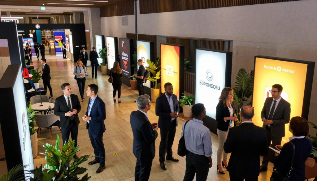 A dynamic scene showcasing a vibrant area dedicated to sponsor signage placemaking in a modern venue. In the foreground, a diverse group of professionals in business attire are engaged in lively discussions, inspecting visually striking sponsor signage strategically positioned for maximum visibility. The middle ground features sleek, illuminated signage displaying vibrant logos and creative designs, enhanced by decorative elements like planters and seating areas that invite gathering. In the background, an expansive venue layout reveals a well-organized flow, with clear sightlines leading towards interactive displays. Soft ambient lighting creates a warm and inviting atmosphere, contributing to a sense of excitement and engagement. The angle captures the depth and layout of the space, encouraging the viewer to appreciate the thoughtful integration of branding and fan wayfinding elements. A dynamic scene showcasing a vibrant area dedicated to sponsor signage placemaking in a modern venue. In the foreground, a diverse group of professionals in business attire are engaged in lively discussions, inspecting visually striking sponsor signage strategically positioned for maximum visibility. The middle ground features sleek, illuminated signage displaying vibrant logos and creative designs, enhanced by decorative elements like planters and seating areas that invite gathering. In the background, an expansive venue layout reveals a well-organized flow, with clear sightlines leading towards interactive displays. Soft ambient lighting creates a warm and inviting atmosphere, contributing to a sense of excitement and engagement. The angle captures the depth and layout of the space, encouraging the viewer to appreciate the thoughtful integration of branding and fan wayfinding elements.