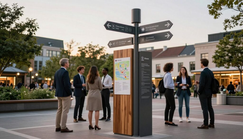 A dynamic urban scene showcasing a wayfinding and placemaking sign system, with foreground elements featuring a diverse group of people in professional attire interacting with temporary and permanent signs. The middle ground reveals a beautifully designed sign structure with wayfinding arrows, maps, and symbols representing various venues, crafted from modern materials like metal and wood. In the background, a vibrant city plaza with green spaces, buildings, and subtle outdoor lighting creates a welcoming atmosphere. The scene is captured at sunset, casting a warm glow, while a low-angle perspective emphasizes the height and importance of the sign systems. The overall mood is engaging and informative, reflecting the balance between temporary and permanent installations in urban environment. A dynamic urban scene showcasing a wayfinding and placemaking sign system, with foreground elements featuring a diverse group of people in professional attire interacting with temporary and permanent signs. The middle ground reveals a beautifully designed sign structure with wayfinding arrows, maps, and symbols representing various venues, crafted from modern materials like metal and wood. In the background, a vibrant city plaza with green spaces, buildings, and subtle outdoor lighting creates a welcoming atmosphere. The scene is captured at sunset, casting a warm glow, while a low-angle perspective emphasizes the height and importance of the sign systems. The overall mood is engaging and informative, reflecting the balance between temporary and permanent installations in urban environment.