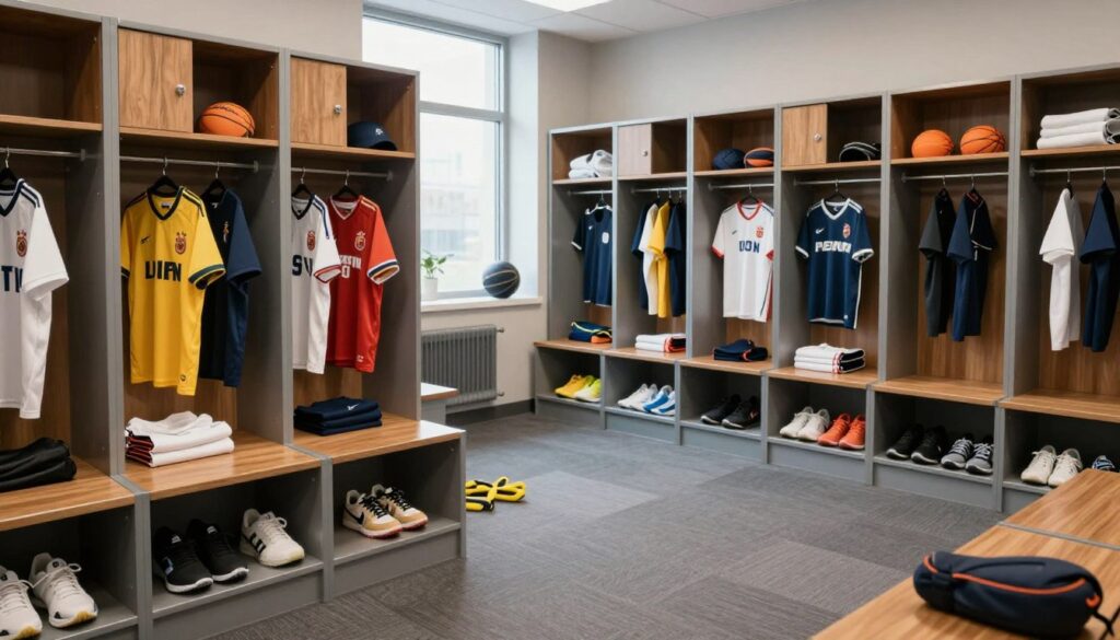 A modern athlete locker room scene showcasing well-organized storage solutions. In the foreground, neatly arranged lockers with a combination of wooden and metal finishes highlight functionality. Visible storage compartments hold jerseys, shoes, and equipment, giving a sense of order and efficiency. The middle ground features a spacious area, with workout gear hanging organized on hooks and shelves stocked with sports accessories. In the background, large windows allow natural light to flood in, enhancing the clean, professional atmosphere. The color palette is a combination of warm tones and cool metallics, creating a vibrant yet calming environment. The mood is focused and energetic, emphasizing a sense of readiness and professionalism. Camera angle is slightly elevated to capture the entire space, utilizing a soft-focus lens to draw attention to the organizational aspects. A modern athlete locker room scene showcasing well-organized storage solutions. In the foreground, neatly arranged lockers with a combination of wooden and metal finishes highlight functionality. Visible storage compartments hold jerseys, shoes, and equipment, giving a sense of order and efficiency. The middle ground features a spacious area, with workout gear hanging organized on hooks and shelves stocked with sports accessories. In the background, large windows allow natural light to flood in, enhancing the clean, professional atmosphere. The color palette is a combination of warm tones and cool metallics, creating a vibrant yet calming environment. The mood is focused and energetic, emphasizing a sense of readiness and professionalism. Camera angle is slightly elevated to capture the entire space, utilizing a soft-focus lens to draw attention to the organizational aspects.