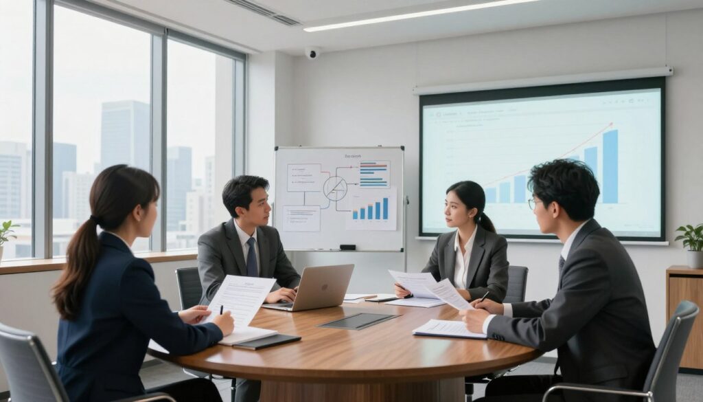 A modern office conference room, spacious and brightly lit with natural light streaming through large windows, showcasing a city skyline in the background. In the foreground, a round table made of polished wood is surrounded by four professionals dressed in smart business attire, engaged in a discussion over documents and charts that reflect pricing strategies. The middle ground features a large whiteboard filled with strategic diagrams and pricing models. There's a digital projector displaying a graph on the wall, illuminated softly. The atmosphere is focused and collaborative, highlighting the importance of negotiation and contract strategies in a high-stakes environment. The lens captures the scene from a slight angle, emphasizing teamwork and clarity of purpose. A modern office conference room, spacious and brightly lit with natural light streaming through large windows, showcasing a city skyline in the background. In the foreground, a round table made of polished wood is surrounded by four professionals dressed in smart business attire, engaged in a discussion over documents and charts that reflect pricing strategies. The middle ground features a large whiteboard filled with strategic diagrams and pricing models. There's a digital projector displaying a graph on the wall, illuminated softly. The atmosphere is focused and collaborative, highlighting the importance of negotiation and contract strategies in a high-stakes environment. The lens captures the scene from a slight angle, emphasizing teamwork and clarity of purpose.