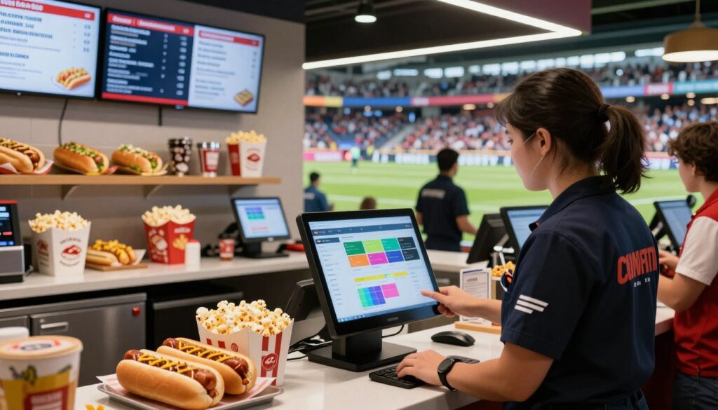 A modern sports concession stand bustling with activity, featuring a sleek point-of-sale (POS) system displaying colorful analytics graphs and charts on a screen. In the foreground, a professional-looking employee in a branded uniform interacts with customers, showcasing efficient service. The middle layer includes various food options like hot dogs and popcorn with digital screens displaying menu items and prices. The background presents a vibrant sports stadium filled with energetic fans, emphasizing the lively atmosphere. Soft, ambient lighting enhances the scene while highlights focus on the POS data screen, capturing the essence of the data-driven planning process. The image exudes an organized, innovative, and dynamic atmosphere, reflecting the integration of technology in sports concessions. A modern sports concession stand bustling with activity, featuring a sleek point-of-sale (POS) system displaying colorful analytics graphs and charts on a screen. In the foreground, a professional-looking employee in a branded uniform interacts with customers, showcasing efficient service. The middle layer includes various food options like hot dogs and popcorn with digital screens displaying menu items and prices. The background presents a vibrant sports stadium filled with energetic fans, emphasizing the lively atmosphere. Soft, ambient lighting enhances the scene while highlights focus on the POS data screen, capturing the essence of the data-driven planning process. The image exudes an organized, innovative, and dynamic atmosphere, reflecting the integration of technology in sports concessions.