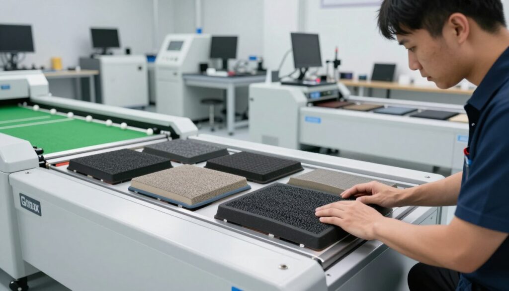 A modern testing facility focused on shock pads for sports surfaces, featuring a close-up of high-tech Gmax testing equipment in the foreground, with a technician in professional attire carefully measuring the surface impact resistance. In the middle ground, a series of shock pads lined up for rigorous testing, showcasing their varied textures and materials. The background displays a well-lit lab filled with advanced machinery and testing apparatus, including ball roll testing tracks. Bright and even lighting emphasizes the precision of the equipment, while the atmosphere conveys a sense of professionalism and technical dedication. The scene captures a moment of serious testing and quality assurance, reflecting the importance of durability and performance in playing surfaces. A modern testing facility focused on shock pads for sports surfaces, featuring a close-up of high-tech Gmax testing equipment in the foreground, with a technician in professional attire carefully measuring the surface impact resistance. In the middle ground, a series of shock pads lined up for rigorous testing, showcasing their varied textures and materials. The background displays a well-lit lab filled with advanced machinery and testing apparatus, including ball roll testing tracks. Bright and even lighting emphasizes the precision of the equipment, while the atmosphere conveys a sense of professionalism and technical dedication. The scene captures a moment of serious testing and quality assurance, reflecting the importance of durability and performance in playing surfaces.
