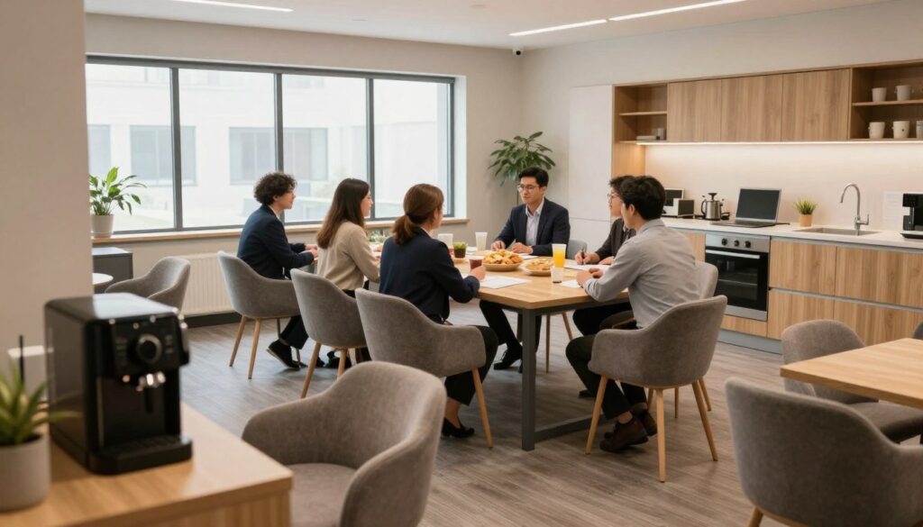 A modern volunteer break room featuring comfortable seating, a large communal table, and a kitchenette. In the foreground, a cozy area with plush chairs and a coffee machine, inviting collaboration and relaxation. The middle ground shows a spacious table with snacks and drinks, surrounded by volunteers in professional business attire engaging in conversation and planning. In the background, large windows allow natural light to flood the space, creating an inviting atmosphere. Soft lighting illuminates the room, enhancing the friendly and supportive vibe. The overall mood is warm and welcoming, reflecting a community-oriented space that encourages teamwork and camaraderie among staff and volunteers.