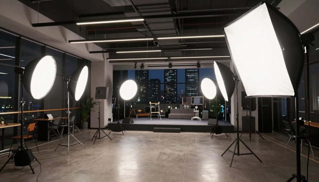 A professional lighting setup for a broadcast environment focused on glare control, featuring strategically placed lights diffusing soft glare in the foreground. The middle layer showcases a modern venue filled with sophisticated lighting fixtures, including softbox lights arranged to minimize spill while illuminating a stage area in preparation for filming. In the background, city buildings are dimly lit to demonstrate community impact versus motion capturing glare. The overall mood is a harmonized blend of technology and artistry, emphasizing a well-balanced, calm ambiance. The lighting is soft yet precise, casting gentle reflections across the scene, captured with a medium angle lens to highlight the interplay between the lighting and venue architecture. The atmosphere conveys professionalism and meticulous attention to detail. A professional lighting setup for a broadcast environment focused on glare control, featuring strategically placed lights diffusing soft glare in the foreground. The middle layer showcases a modern venue filled with sophisticated lighting fixtures, including softbox lights arranged to minimize spill while illuminating a stage area in preparation for filming. In the background, city buildings are dimly lit to demonstrate community impact versus motion capturing glare. The overall mood is a harmonized blend of technology and artistry, emphasizing a well-balanced, calm ambiance. The lighting is soft yet precise, casting gentle reflections across the scene, captured with a medium angle lens to highlight the interplay between the lighting and venue architecture. The atmosphere conveys professionalism and meticulous attention to detail.