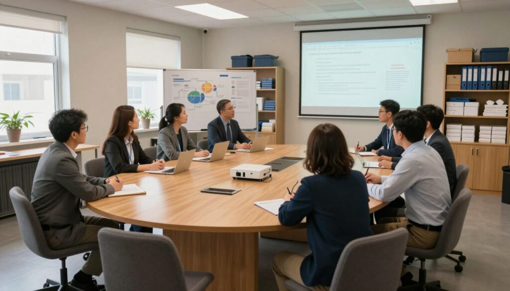 A spacious volunteer HQ briefing room, designed for collaborative meetings. In the foreground, a large, oval wooden table surrounded by chairs, with a few individuals in professional business attire engaged in discussion. The middle ground shows a whiteboard filled with charts and information, alongside a projector displaying a presentation slide. In the background, shelves with neatly organized supplies and folders illustrate effective storage solutions. Soft, natural light streams in through large windows, creating a warm and inviting atmosphere. The scene captures a sense of teamwork and organization, emphasizing the importance of communication and infrastructure in a volunteer setting. Use a wide-angle lens to encompass the entire room, enhancing the feeling of openness and collaboration.