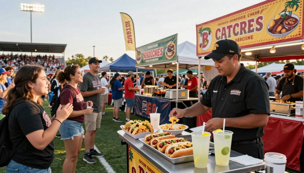 A vibrant scene at a local sports event, showcasing diverse food concession stands. In the foreground, a vendor in professional attire operates a cart filled with gourmet hot dogs, nachos, and freshly squeezed lemonade, serving excited fans nearby. The middle layer captures a variety of food stalls offering local favorites like tacos and barbecue, with colorful banners highlighting regional specialties. The background features a cheering crowd in a stadium, flanked by bright lights creating a lively atmosphere. Afternoon sunlight casts a warm glow over the scene, enhancing the festive mood. The framing is slightly angled to give a dynamic perspective, drawing viewers into the bustling energy of local sports tourism and its unique culinary offerings. A vibrant scene at a local sports event, showcasing diverse food concession stands. In the foreground, a vendor in professional attire operates a cart filled with gourmet hot dogs, nachos, and freshly squeezed lemonade, serving excited fans nearby. The middle layer captures a variety of food stalls offering local favorites like tacos and barbecue, with colorful banners highlighting regional specialties. The background features a cheering crowd in a stadium, flanked by bright lights creating a lively atmosphere. Afternoon sunlight casts a warm glow over the scene, enhancing the festive mood. The framing is slightly angled to give a dynamic perspective, drawing viewers into the bustling energy of local sports tourism and its unique culinary offerings.