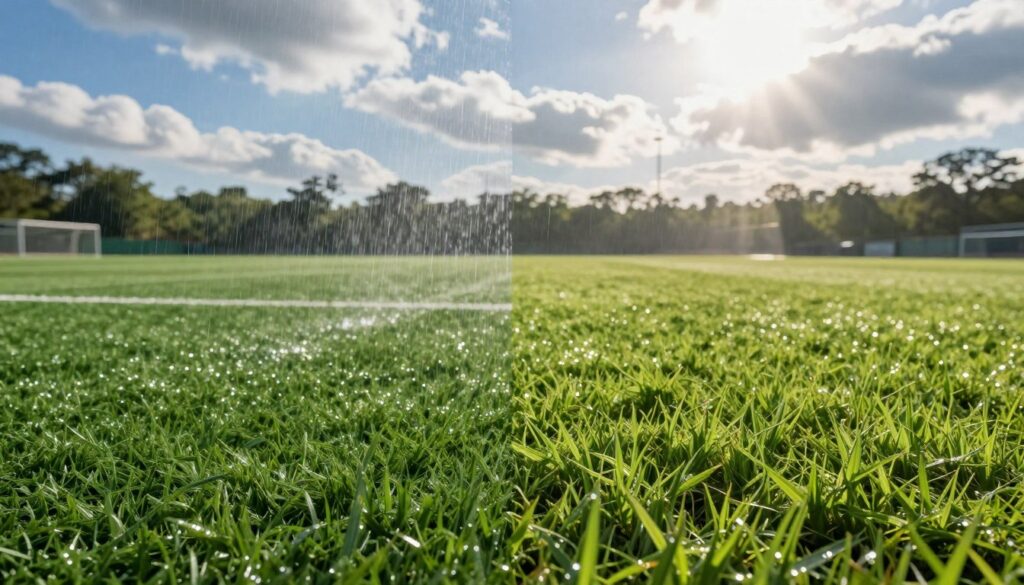 A vivid split-screen illustration highlighting the contrasting climate performance of turf versus natural grass. In the foreground, a well-maintained turf field on one side, showing vibrant green synthetic blades, smooth surface, and small moisture droplets reflecting light. On the opposing side, a lush, rich natural grass field, showcasing varied textures and hues with dew glistening under soft morning sunlight. The middle ground captures weather conditions: light rain sprinkling on the turf, while sunbeams illuminate the grass field, with scattered clouds suggesting a dynamic climate. The background features distant trees and a bright blue sky, enhancing the atmosphere of a sports environment. The composition should evoke a sense of professionalism and careful consideration for athletes' performance and durability in varying weather conditions, with an overall clean, crisp, and engaging look. A vivid split-screen illustration highlighting the contrasting climate performance of turf versus natural grass. In the foreground, a well-maintained turf field on one side, showing vibrant green synthetic blades, smooth surface, and small moisture droplets reflecting light. On the opposing side, a lush, rich natural grass field, showcasing varied textures and hues with dew glistening under soft morning sunlight. The middle ground captures weather conditions: light rain sprinkling on the turf, while sunbeams illuminate the grass field, with scattered clouds suggesting a dynamic climate. The background features distant trees and a bright blue sky, enhancing the atmosphere of a sports environment. The composition should evoke a sense of professionalism and careful consideration for athletes' performance and durability in varying weather conditions, with an overall clean, crisp, and engaging look.