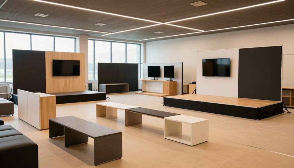 An indoor space designed for surface conversions, featuring temporary structures like modular stages and flexible seating arrangements. In the foreground, a well-lit area showcases sleek, modern furniture and portable partitions. In the middle, various configurations of surface conversion solutions, such as rolling walls and adjustable display screens, reflect adaptability for year-round programming. The background reveals large windows allowing natural light to flood the area, enhancing the vibrant atmosphere. Soft, diffused lighting from overhead fixtures sets a warm, inviting tone. The scene is devoid of any people, accentuating the focus on the innovative design elements, with clear perspectives that highlight the versatile indoor environment. Choose an angle that captures depth and clarity, emphasizing functionality and creativity. An indoor space designed for surface conversions, featuring temporary structures like modular stages and flexible seating arrangements. In the foreground, a well-lit area showcases sleek, modern furniture and portable partitions. In the middle, various configurations of surface conversion solutions, such as rolling walls and adjustable display screens, reflect adaptability for year-round programming. The background reveals large windows allowing natural light to flood the area, enhancing the vibrant atmosphere. Soft, diffused lighting from overhead fixtures sets a warm, inviting tone. The scene is devoid of any people, accentuating the focus on the innovative design elements, with clear perspectives that highlight the versatile indoor environment. Choose an angle that captures depth and clarity, emphasizing functionality and creativity.
