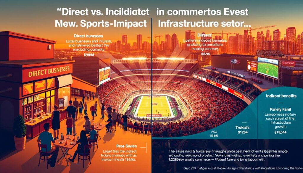 A detailed infographic illustrating the "Direct vs. Indirect Economic Impact of Sporting Events." In the foreground, display two contrasting sections: on the left, depict bustling local businesses and happy families enjoying commerce, symbolizing direct benefits. Include elements like a vibrant sports bar, fans wearing team jerseys, and families dining at outdoor cafes. In the middle ground, show a well-attended stadium filled with cheering fans, representing the sporting event itself, with light beams highlighting the excitement. The background should include an urban skyline with construction cranes and new developments, illustrating indirect benefits through infrastructure growth. Utilize warm, inviting lighting to create an optimistic atmosphere, with a broad perspective that captures the essence of community and economic vitality. Focus on a clear angle, ensuring all elements are harmoniously balanced without text or clutter.