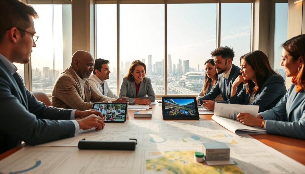 A diverse group of professional planners and community leaders sitting around a large conference table, engaged in animated discussions while reviewing blueprints and project proposals for legacy projects inspired by major sports events. The foreground shows detailed charts and models spread across the table, with a digital tablet displaying vibrant visuals of community engagement activities. In the middle, the planners, dressed in business attire, are actively brainstorming, with expressions of determination and collaboration. The background features a large window with a view of a sunny urban skyline, symbolizing a bright future. Soft natural lighting enhances the environment, creating a warm and optimistic atmosphere, emphasizing the long-term benefits of thoughtful planning.