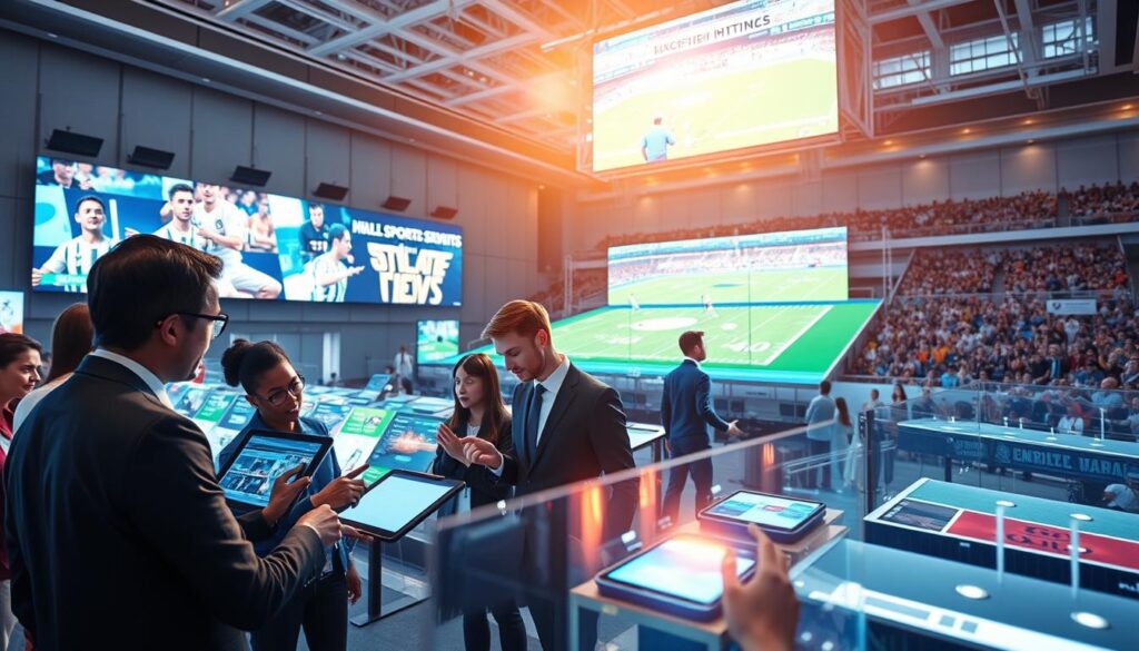 A dynamic sports marketing scene illustrating effective promotional strategies for a large-scale sporting event. In the foreground, a diverse group of professionals in smart business attire engaged in a brainstorming session, surrounded by digital tablets and vibrant marketing materials. The middle layer showcases interactive displays and holographic advertisements of various sporting events, capturing the essence of immersive marketing. In the background, a large digital screen broadcasts live highlights, while an enthusiastic crowd enjoys the atmosphere, wearing team colors. The lighting is bright and engaging, focusing on the professionals while casting a warm glow over the whole scene, creating an energetic and innovative mood that reflects the excitement of sports tourism. Use a wide-angle lens to capture the full vibrancy of the event. A dynamic sports marketing scene illustrating effective promotional strategies for a large-scale sporting event. In the foreground, a diverse group of professionals in smart business attire engaged in a brainstorming session, surrounded by digital tablets and vibrant marketing materials. The middle layer showcases interactive displays and holographic advertisements of various sporting events, capturing the essence of immersive marketing. In the background, a large digital screen broadcasts live highlights, while an enthusiastic crowd enjoys the atmosphere, wearing team colors. The lighting is bright and engaging, focusing on the professionals while casting a warm glow over the whole scene, creating an energetic and innovative mood that reflects the excitement of sports tourism. Use a wide-angle lens to capture the full vibrancy of the event.
