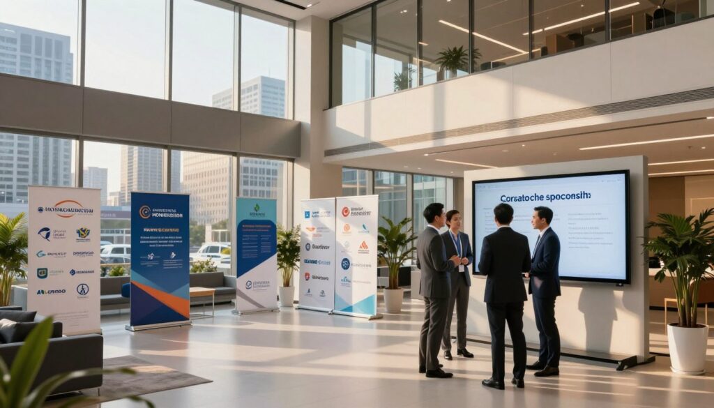 A modern corporate sponsorship facility, showcasing sleek architectural lines and large glass windows. In the foreground, a well-dressed professional team is engaged in a discussion around a digital display board, emphasizing the concept of naming rights and sponsorship. The middle ground features a spacious lobby adorned with banners from various corporate sponsors, creating a vibrant yet professional atmosphere. In the background, large windows reveal a city skyline, bathed in warm, golden evening light that casts inviting shadows throughout the space. The scene evokes a sense of collaboration and innovative funding opportunities, with a focus on a polished and organized corporate environment. The angle is slightly elevated, capturing both the dynamic interaction in the foreground and the bustling city outside. A modern corporate sponsorship facility, showcasing sleek architectural lines and large glass windows. In the foreground, a well-dressed professional team is engaged in a discussion around a digital display board, emphasizing the concept of naming rights and sponsorship. The middle ground features a spacious lobby adorned with banners from various corporate sponsors, creating a vibrant yet professional atmosphere. In the background, large windows reveal a city skyline, bathed in warm, golden evening light that casts inviting shadows throughout the space. The scene evokes a sense of collaboration and innovative funding opportunities, with a focus on a polished and organized corporate environment. The angle is slightly elevated, capturing both the dynamic interaction in the foreground and the bustling city outside.