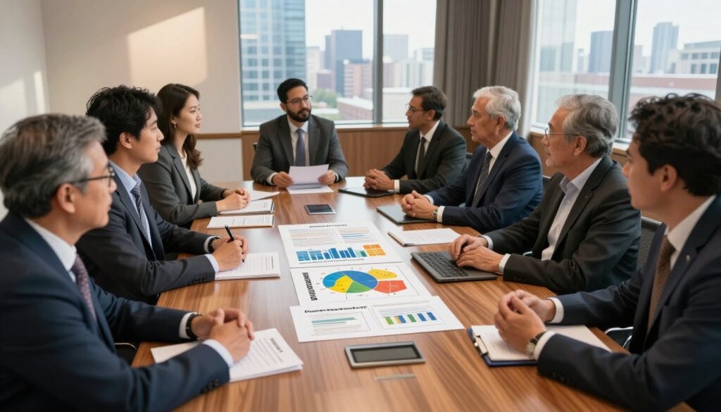 A professional conference room setting with a large, polished wooden table at the forefront, surrounded by individuals in business attire engaged in a collaborative discussion about grant funding opportunities. The middle ground features documents and colorful charts detailing state tourism, EDA, and foundation grants, emphasizing research and strategy. In the background, large windows let in natural light, casting soft shadows and revealing a skyline view, suggesting a vibrant urban environment. The atmosphere is focused yet optimistic, highlighting the potential of securing funding for community projects. The lighting is warm and inviting, creating a sense of professionalism and collaboration. A professional conference room setting with a large, polished wooden table at the forefront, surrounded by individuals in business attire engaged in a collaborative discussion about grant funding opportunities. The middle ground features documents and colorful charts detailing state tourism, EDA, and foundation grants, emphasizing research and strategy. In the background, large windows let in natural light, casting soft shadows and revealing a skyline view, suggesting a vibrant urban environment. The atmosphere is focused yet optimistic, highlighting the potential of securing funding for community projects. The lighting is warm and inviting, creating a sense of professionalism and collaboration.